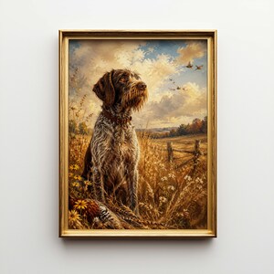 May include: A framed painting of a brown and white Wirehaired Pointing Griffon dog in a field. The dog is wearing a brown collar and looking up at birds in the sky. The painting has a gold frame and a rural landscape background.