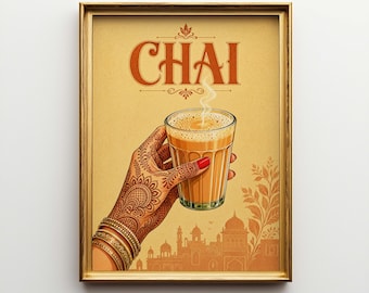 May include: A framed art print featuring a hand adorned with henna holding a glass of chai. The word "CHAI" is displayed in orange script above the glass. The background is a light tan color with an illustration of a city.