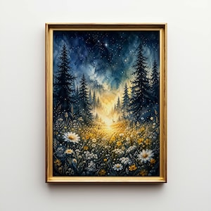 May include: A framed watercolor painting depicts a forest scene at dusk. Tall, dark green pine trees frame a path leading to a bright, golden light. The foreground features a field of wildflowers, with white and yellow blooms. The sky is a deep blue with stars.
