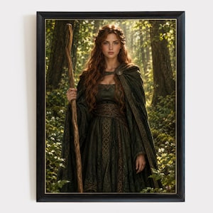 May include: A framed wall art print featuring a person with long wavy auburn hair wearing a dark green hooded cloak and a matching dress with intricate patterns. The person holds a tall wooden staff while standing in a sunlit forest setting.