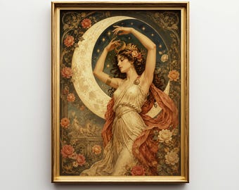 Selene Moon Goddess Poster & Canvas | Art Nouveau Mythology Wall Art | Bedroom Decor Gift 0QZAZ0