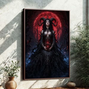 Op de afbeelding: Ingelijst kunstwerk met een dark fantasy-scène. Een vrouw met hoorns en een lange zwarte jurk staat tegen een rode achtergrond. Het kunstwerk heeft een gotisch thema met ingewikkelde details en een mystieke sfeer.