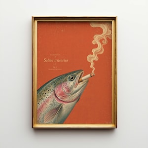Vintage Rainbow Trout Poster & Canvas | Funny Fish with Cigarette Print | Quirky Bar Wall Art 26Y205