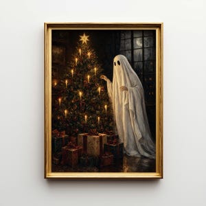 Bedsheet Ghost Christmas Poster & Canvas | Vintage Gothic Oil Painting | Creepmas Wall Art Print | Holiday Decor P3SW4C