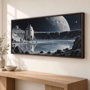 Lander Reflected in Frozen Crater Canvas Print, Retrofuturist Illustration Style - SQ1LYU