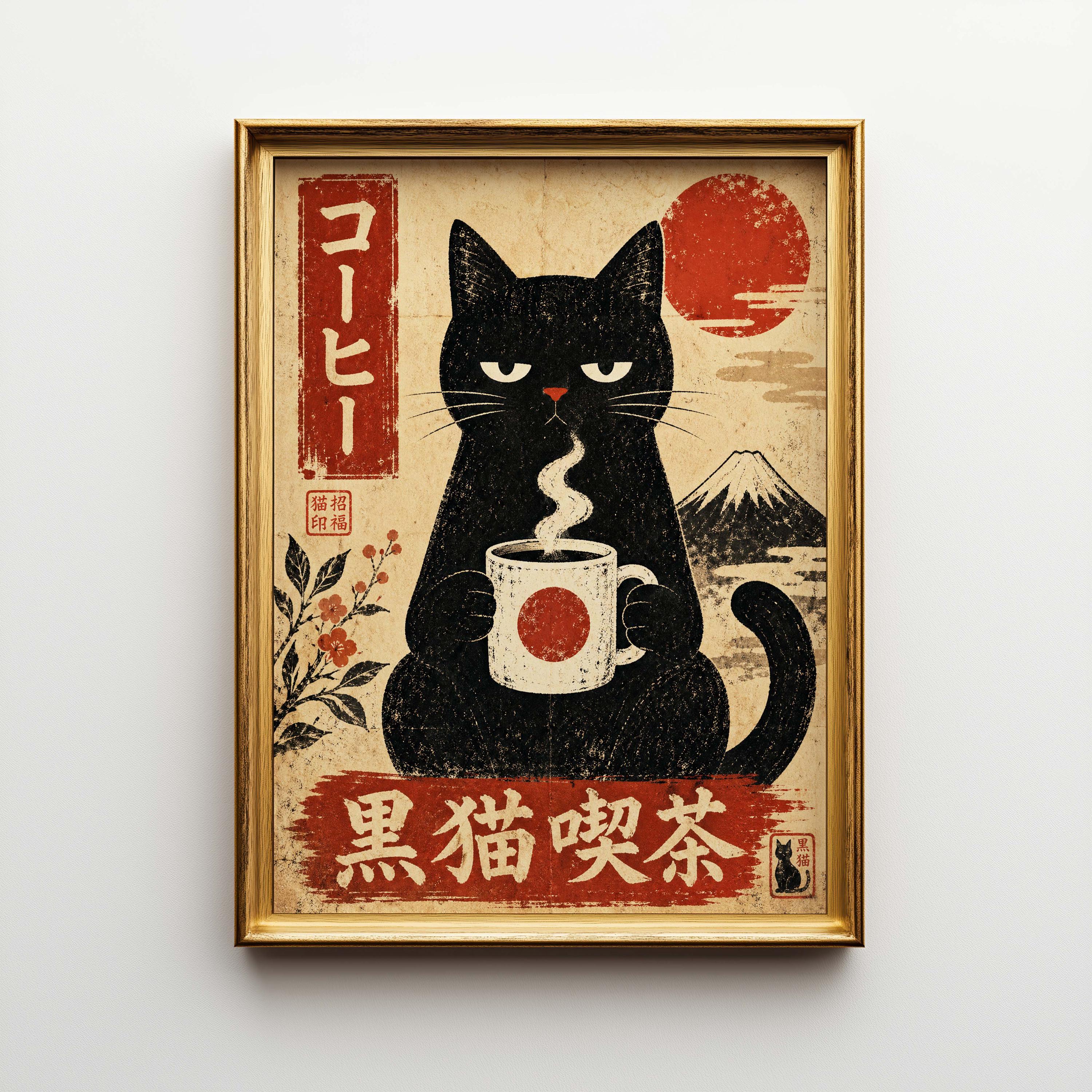Japanese Coffee Cat Poster - Etsy
