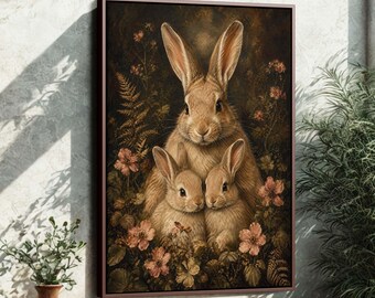 May include: A framed canvas print showing a family of rabbits. The artwork depicts a mother rabbit with two young bunnies amidst flowers and foliage. The color palette is warm, with shades of brown, beige, and pink.