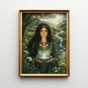 Può includere: Stampa artistica incorniciata raffigurante una donna in abito verde che tiene in mano una ciotola luminosa. L'opera d'arte ha un tema fantasy, con uno sfondo paesaggistico di un fiume e alberi. La cornice è dorata.