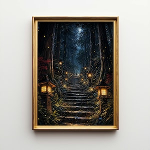 May include: A framed print depicts a stone staircase ascending into a dark forest. Lit lanterns line the path, illuminating the way. The artwork features a gold frame and a serene, nighttime scene with a figure at the top of the stairs.