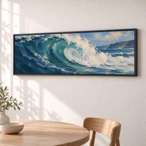 May include: A panoramic wall art piece featuring an oil painting of a large, curling ocean wave in shades of deep blue, turquoise, and white foam. The scene includes a distant coastline under a light blue sky, all enclosed in a thin black frame.