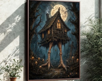 Baba Yaga Hut Framed Canvas | Dark Fantasy Slavic Folklore Wall Art | Gothic Witchcore Decor YMZYNP