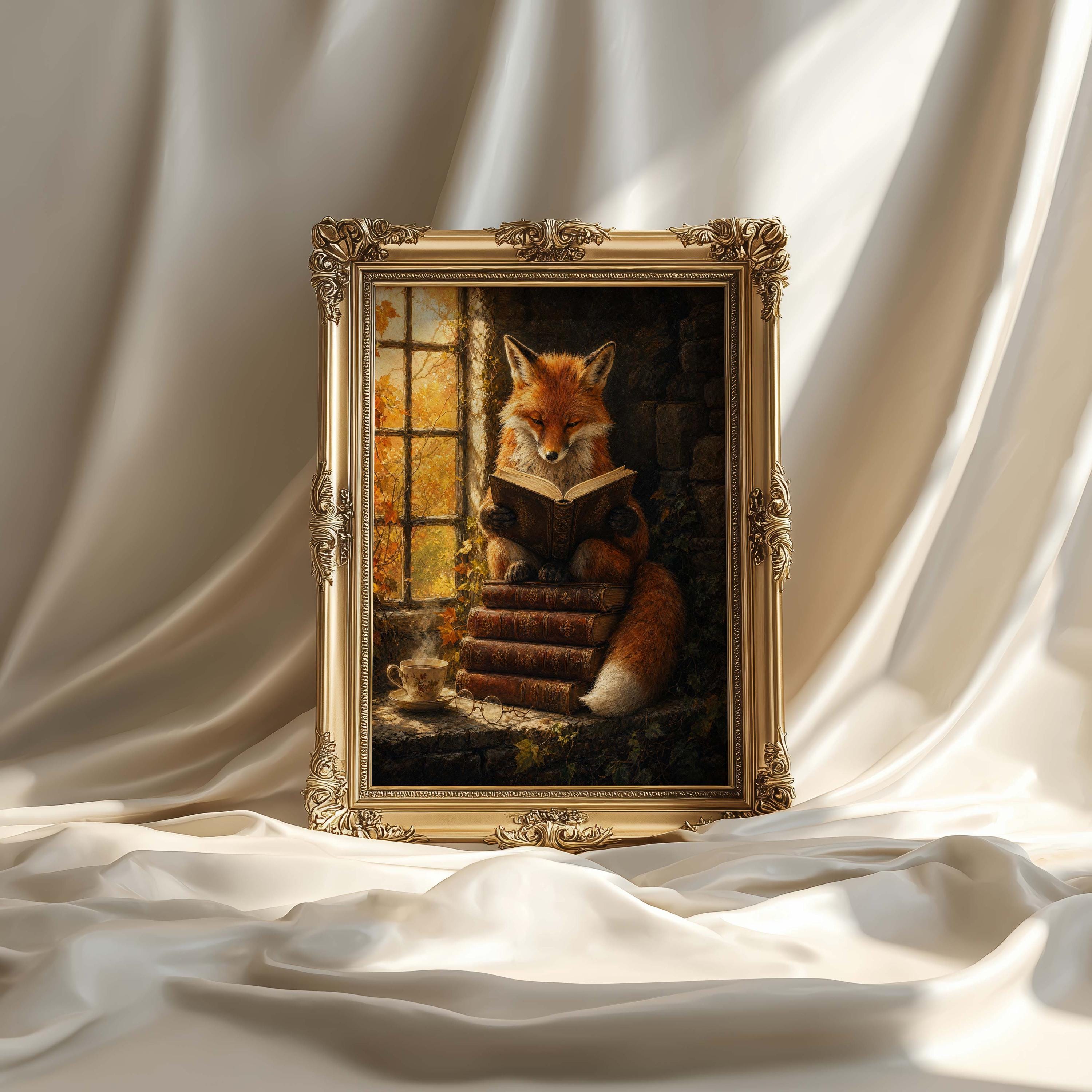 Fox Reading Books Dark Academia Poster & Canvas | Cottagecore Wall Art ...