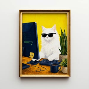 May include: A framed print featuring a white cat wearing sunglasses, sitting at a computer. The cat is typing on a keyboard with a monitor displaying code. A mug of coffee and a potted plant are on the desk. The background is yellow.