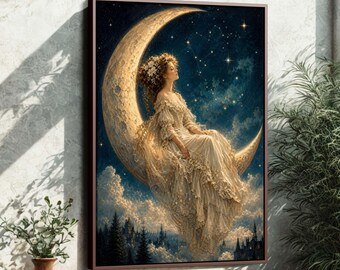 Vintage Celestial Woman on Moon Framed Canvas | Ethereal Fantasy Wall Art Print | Romantic Bedroom Decor E2TH8K