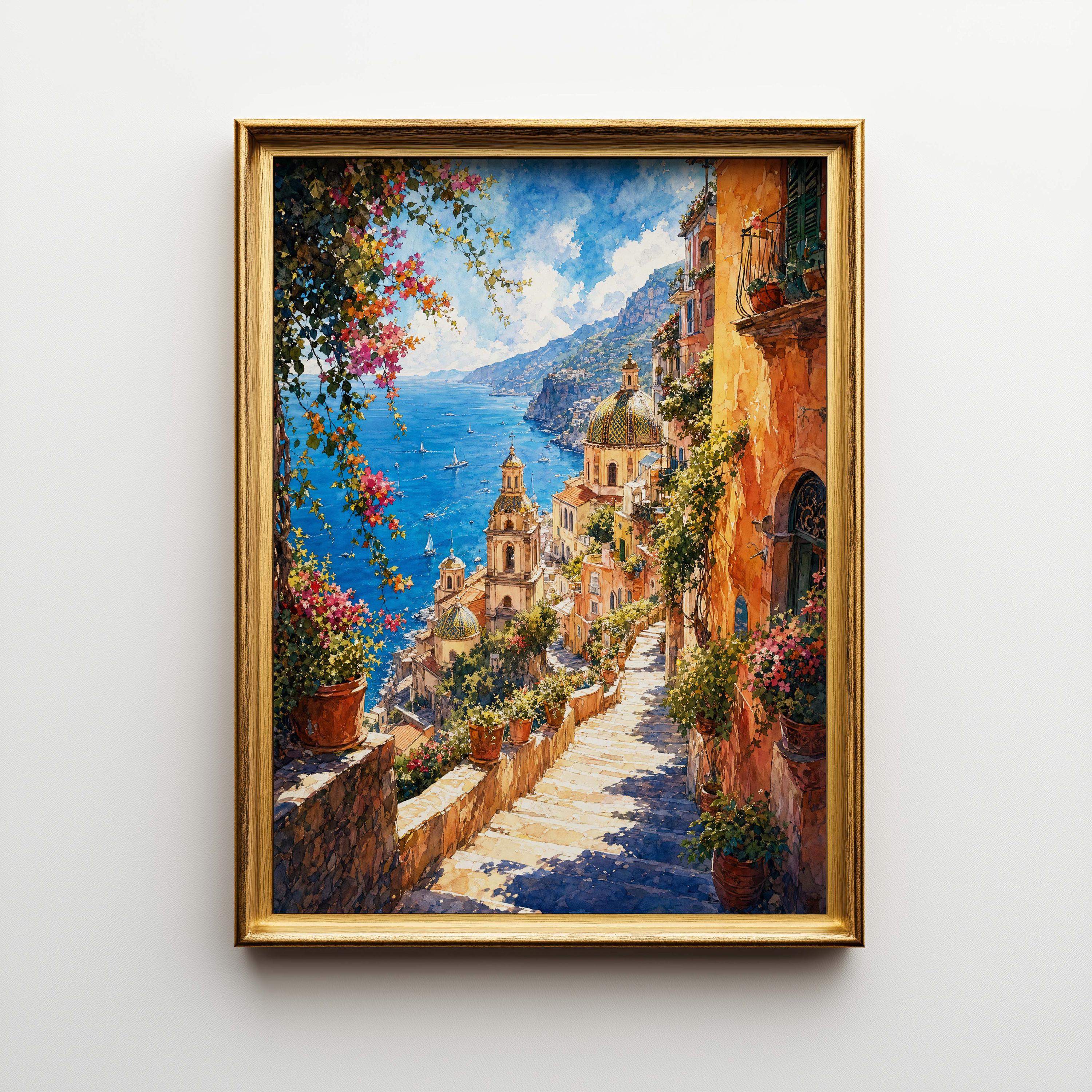 Italian Coastal Town Watercolor Poster & Canvas | Mediterranean Travel ...