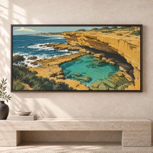 Australian Rock Pool Canvas Print, Mid-Century Screenprint Style - LINSQS