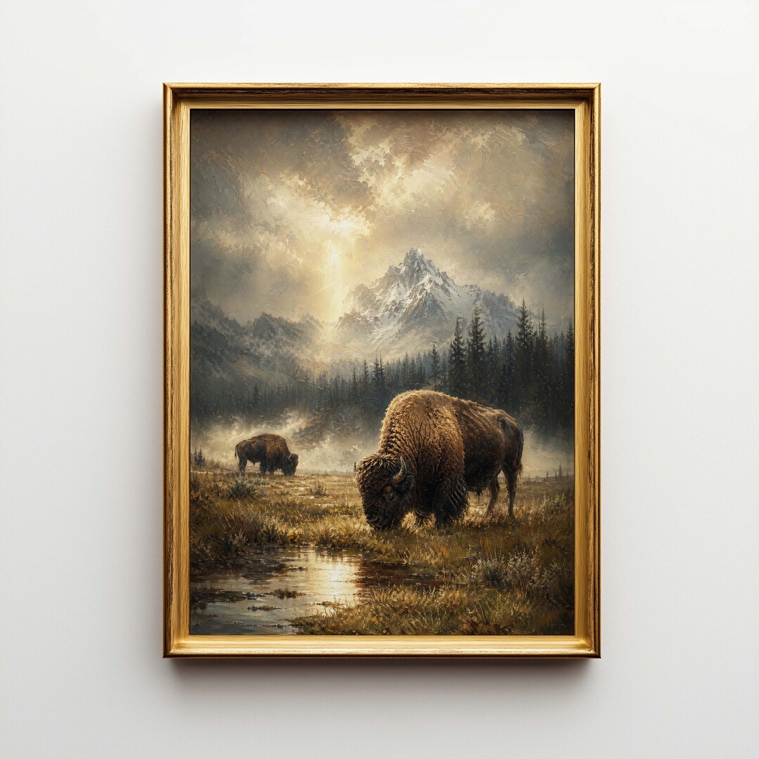 Vintage Bison Landscape Poster & Canvas | Moody Oil Painting Print ...