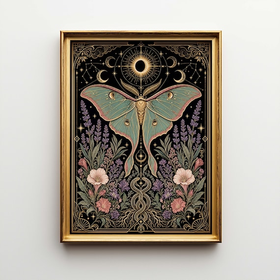 Celestial Moth Poster & Canvas | Art Nouveau Tarot Wall Art | Boho Witchy Decor | Gothic Bedroom Art BU578W