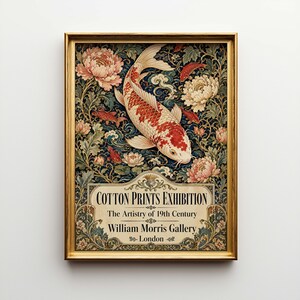May include: A framed art print featuring a koi fish with red and white markings swimming among flowers and foliage. The artwork is set against a dark blue background and includes the text "Cotton Prints Exhibition" and "William Morris Gallery London".