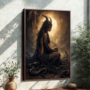 Inramad canvasduk med gudinnan Lilith | Gotisk mörk fantasi väggkonst | Tryck med hornad kvinna | Häxdekor UMVY1O