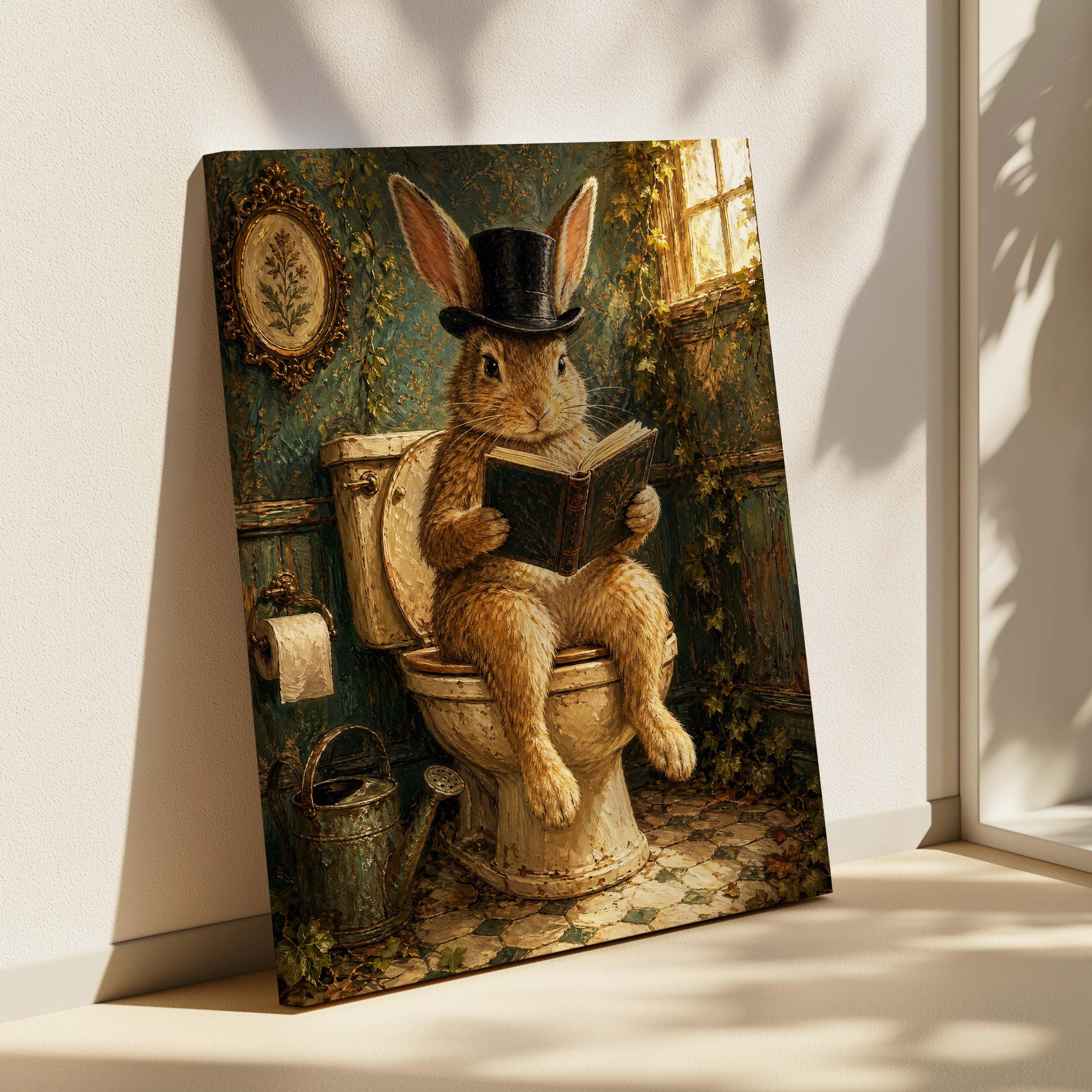Toilet Simon Rabbit Funny Rabbit on Toilet Poster & Canvas | Vintage Impasto Bathroom Decor ...