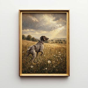 May include: A framed painting depicts a German Shorthaired Pointer in a field of wildflowers, gazing at birds in the sky. The dog has brown and white spotted fur and wears a collar. The artwork is set in a gold frame.