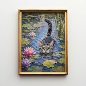 May include: A framed painting depicts a tabby cat swimming in a pond filled with lily pads and blooming water lilies. The cat's head is above the water, with its tail raised. The water is a mix of blues and greens, and the frame is gold.