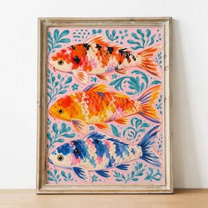Three Colorful Koi Fish Gouache Pink Teal Pattern Poster & Canvas M55BH