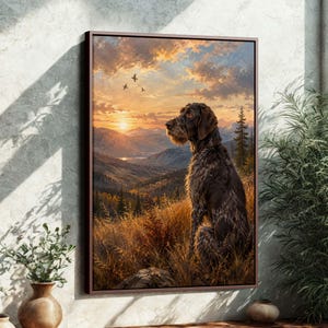 May include: A framed landscape painting featuring a brown dog with a long beard, set against a backdrop of mountains, trees, and a sunset sky. The dog is sitting in tall grass, with birds flying in the distance. The frame is brown.