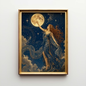 May include: A framed art print featuring a woman with flowing red hair reaching for a full moon. She wears a blue gown with gold accents, set against a dark blue starry sky with clouds. The frame is gold.