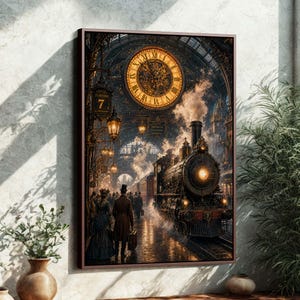 May include: A framed artwork depicting a vintage train station scene. The image features a steam train, a large clock, and figures in period attire. The color palette is dominated by warm tones of brown, gold, and black, creating a nostalgic atmosphere.