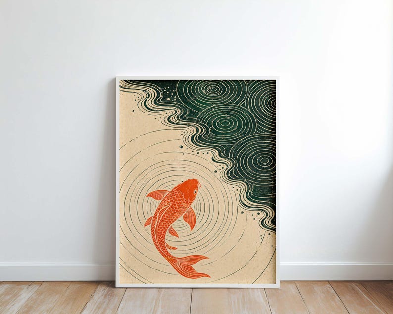 Minimalist Koi Fish Poster & Canvas | Japandi Zen Wall Art | Ukiyo-e Bathroom Decor | Meditation Print YPPWOX image 4