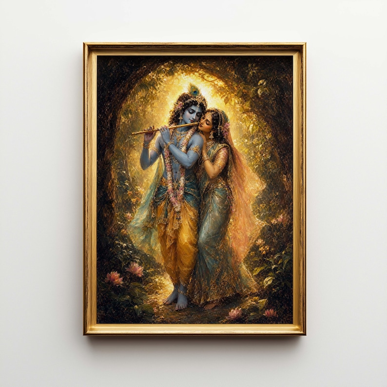 Radha Krishna Poster & Canvas | Hindu Deity Oil Painting | Spiritual Wall Art | Yoga Decor Gift 5IXM6V image 1
