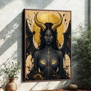 Inramad canvastavla med gotisk Lilith | Väggkonst med mörk fantasidemon | Ockult häxdekor | Konst med mörk akademi PERUNX