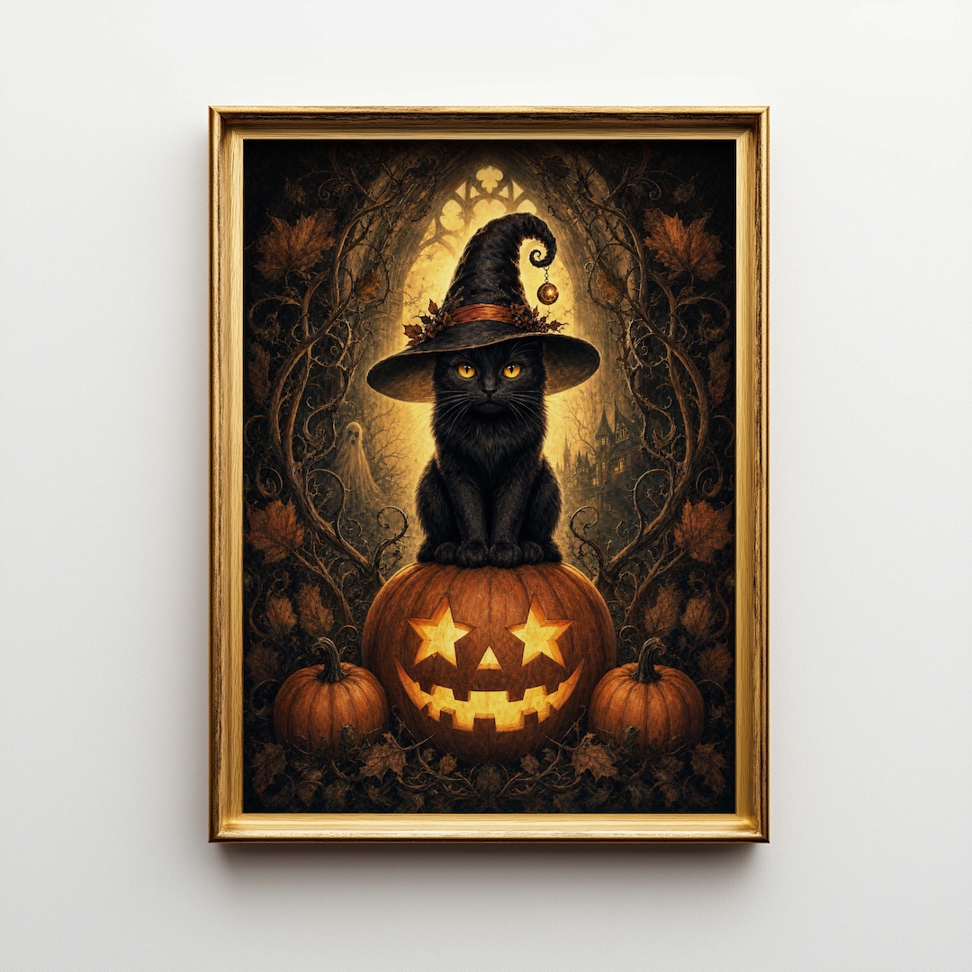 Vintage Halloween Black Cat Poster & Canvas | Spooky Witch Wall Art ...