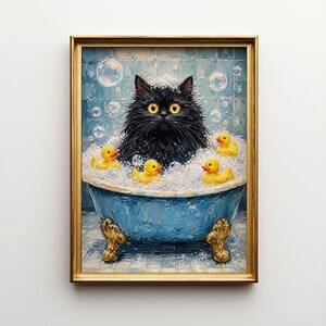 Funny Black Cat Bathtub Poster & Canvas | Impasto Oil Painting Art | Whimsical Bathroom Wall Decor | Cat Gift S5Q2TR