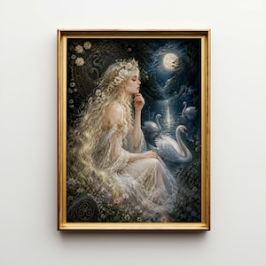 May include: A framed art print depicts a woman with long blonde hair and a floral crown, seated near a moonlit lake with swans. The artwork features a gold frame and a serene, dreamlike atmosphere, with soft colors and detailed brushstrokes.