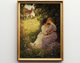 May include: A framed painting shows two women kissing in a verdant outdoor scene. One wears a white dress, the other a lavender dress. A cottage is in the background, surrounded by greenery and wildflowers, evoking a sense of romance.