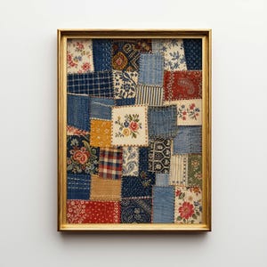 May include: A framed patchwork quilt with a gold-colored frame. The quilt is composed of various fabric squares in shades of blue, red, yellow, and white, featuring floral and geometric patterns. The quilt is a decorative piece.