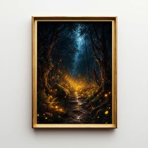 May include: A framed art print depicts a mystical forest scene. The artwork features a path illuminated by golden lights, leading into a dark, mysterious forest. The frame is a warm gold color, enhancing the overall enchanting atmosphere.