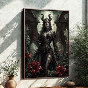 Inramad canvastavla med gotisk Lilith | Väggkonst med mörk fantasi och häxkonst | Ockult sovrumsdekor OLTMQL