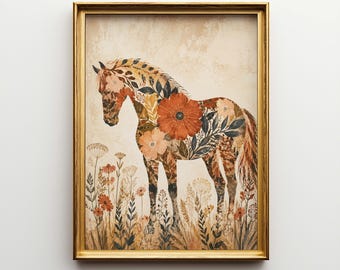Boho Botanical Horse Poster & Canvas | Rustic Equestrian Wall Art | Farmhouse Decor Gift JCEM8P