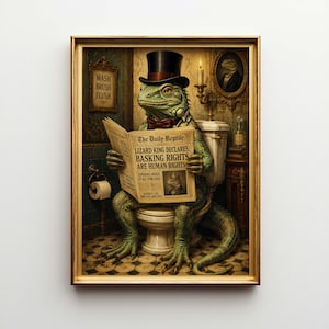 May include: A framed print shows a green lizard in a top hat and bow tie, reading a newspaper titled "The Daily Reptile" whilst seated on a toilet. The newspaper headline reads "Basking Rights Are Human Rights." The artwork is set in a vintage bathroom.