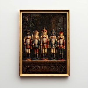 May include: A framed print depicting five toy nutcrackers. Each figure is dressed in a different uniform, with red, blue, and gold detailing. The artwork has a vintage style, set against a dark backdrop and framed in gold.