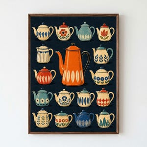 May include: A framed wall art print featuring a dark navy background with a grid of sixteen illustrated teapots. The teapots display various patterns, including floral, striped, and geometric designs in colors like orange, blue, red, and cream.