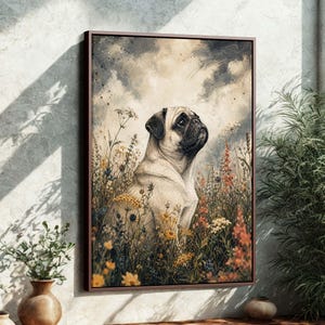 May include: A framed art print featuring a pug dog in a field of wildflowers. The dog is light tan with a black face, set against a backdrop of a cloudy sky. The flowers are in shades of yellow, orange, and white.