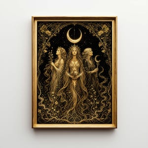May include: A framed art print featuring three figures in flowing golden gowns against a black background. The artwork includes a crescent moon and floral embellishments. The figures are holding objects, and the overall style is ornate and mystical.