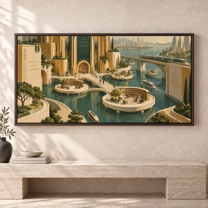 Floating Library Platforms Canvas Print, Art Deco Illustration Style - SXHPHL