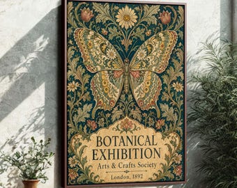 William Morris Butterfly Framed Canvas | Arts and Crafts Botanical Print | Vintage Exhibition Wall Art Decor HXBUBU