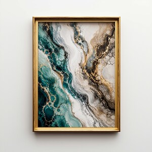May include: Abstract art print in a gold frame. The artwork features flowing patterns in shades of teal, white, gray, black, and gold. The design resembles marble or liquid, creating a dynamic and modern aesthetic.